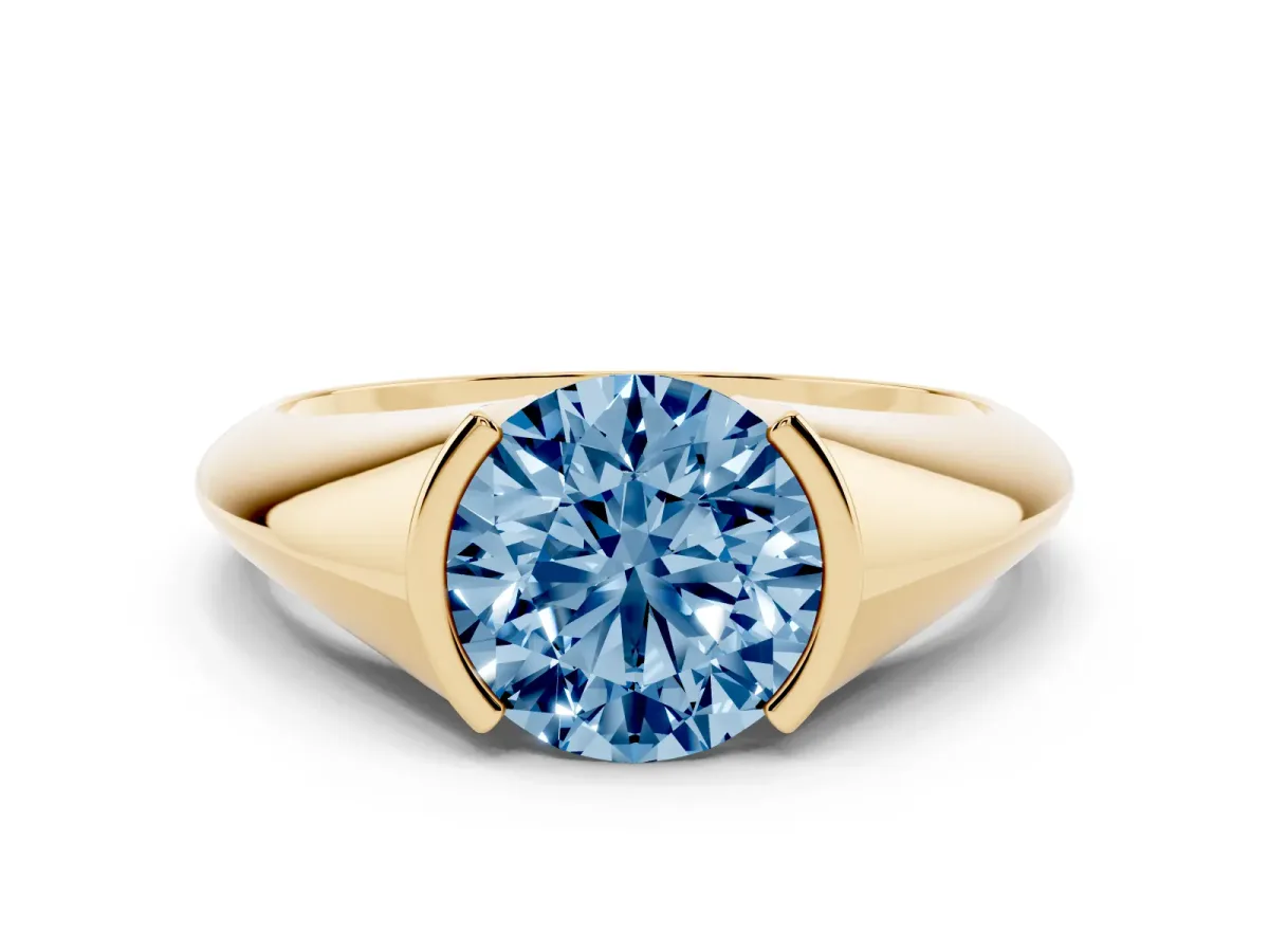 Fancy Blue Round Cut Solitaire Tension Set Diamond Ring Yellow gold