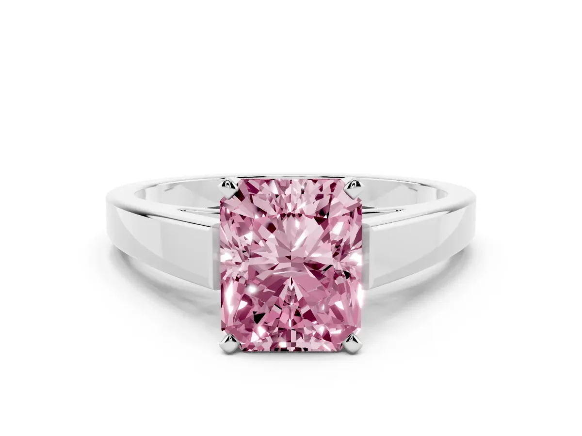 Fancy Pink Radiant Cut Solitaire Engagement Ring with Four-Prong Setting and Tapered Band Silver
