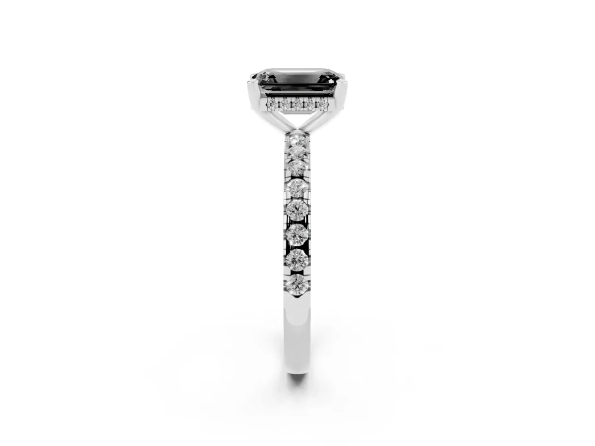 Fancy Black Emerald Cut Diamond Solitaire Ring with Round Pavé Band and Four-Prong Setting Silver