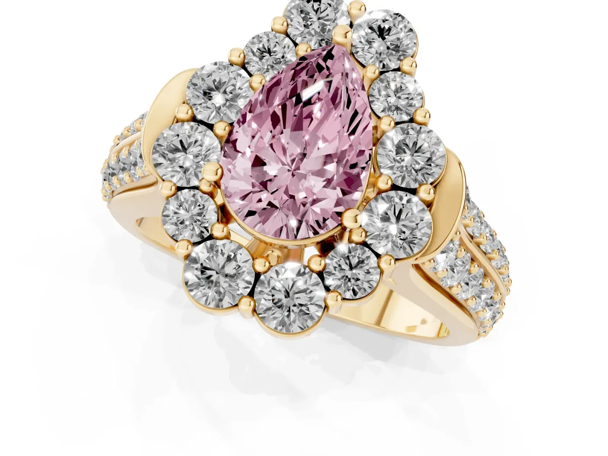 Fancy Pink Pear Cut Halo Diamond Engagement Ring with Split Shank and Prong Setting Yellow gold