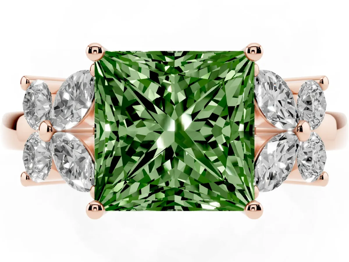 Fancy Green Princess Cut Diamond Floral Cluster Ring with Solitaire Band and Prong Setting Rose gold