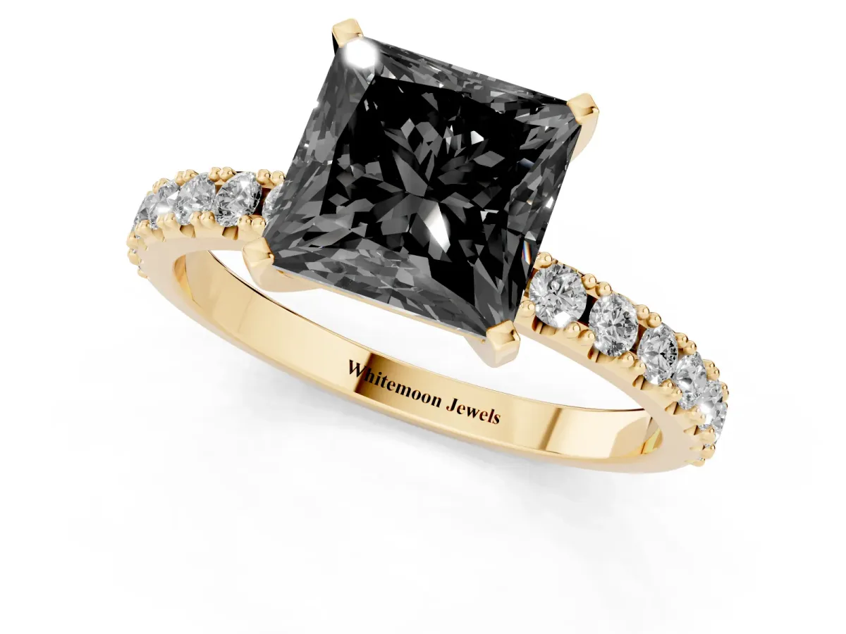 Fancy Black Princess Cut Diamond Solitaire Pavé Band with Four-Prong Setting Yellow gold