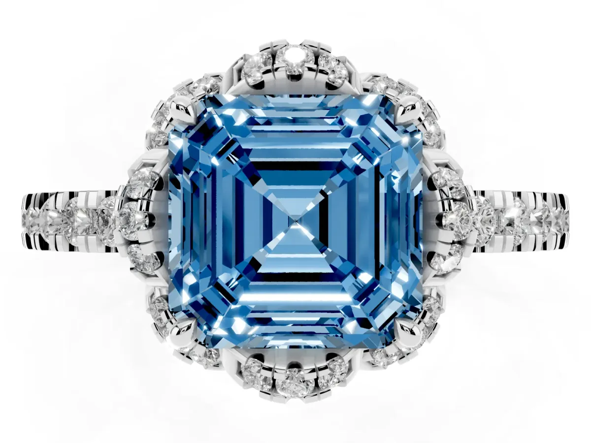 Fancy Blue Asscher Cut Diamond Halo Pave Band with Four-Prong Setting Silver