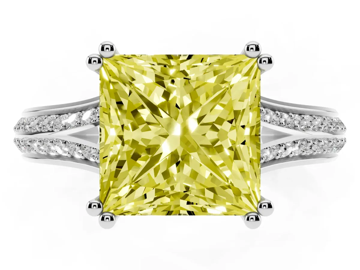 Fancy Yellow Princess Cut Diamond Split Shank Engagement Ring with Pavé Band Silver