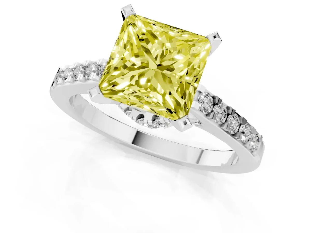 Fancy Yellow Princess Cut Diamond Solitaire Ring with Crossover Gallery and Round Pavé Band Silver
