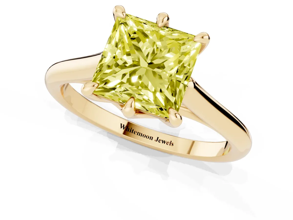 Fancy Yellow Princess Cut Solitaire Engagement Ring with Six-Prong Setting and Classic Band Yellow gold