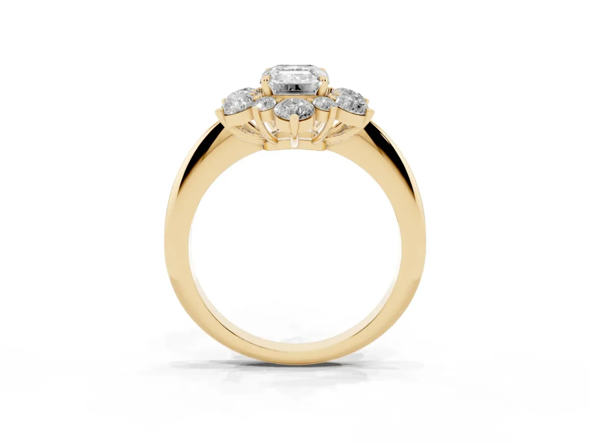 Emerald Cut Diamond Cluster Halo Ring with Solitaire Band and Four-Prong Setting Yellow gold