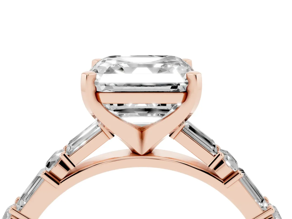 Asscher Cut Diamond Solitaire with Side Baguettes and Channel Set Band Rose gold