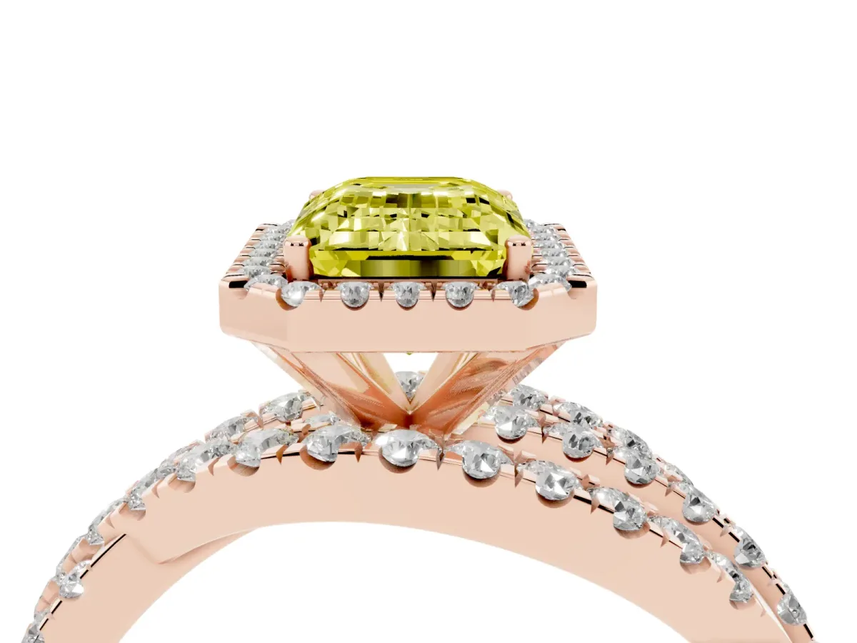 Fancy Yellow Emerald Cut Diamond Halo Ring with Round Split Shank and Prong Setting Rose gold