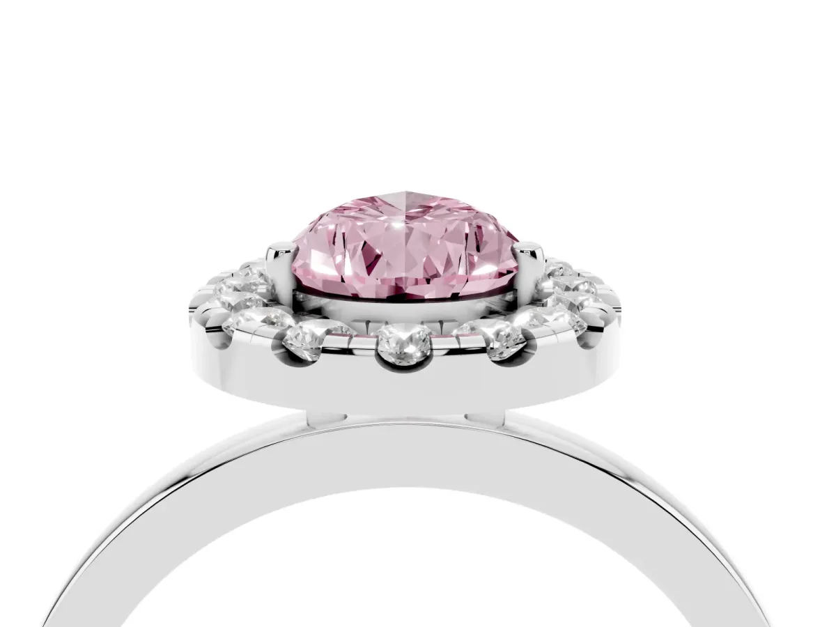 Fancy Pink Pear Cut Halo Diamond Solitaire with Pavé Band and Four-Prong Setting Platinum