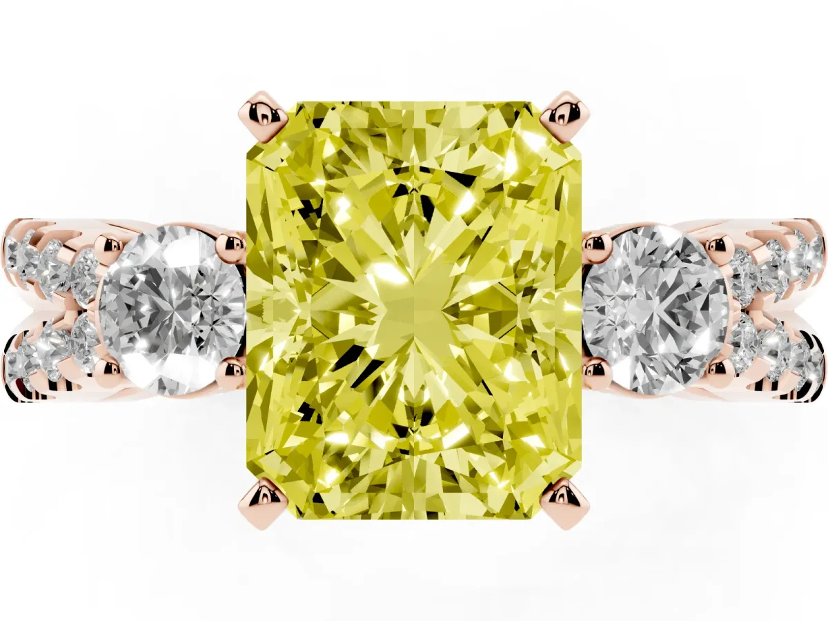 Fancy Yellow Radiant Cut Diamond Three-Stone Ring with Pavé Split Shank and Four-Prong Setting Rose gold