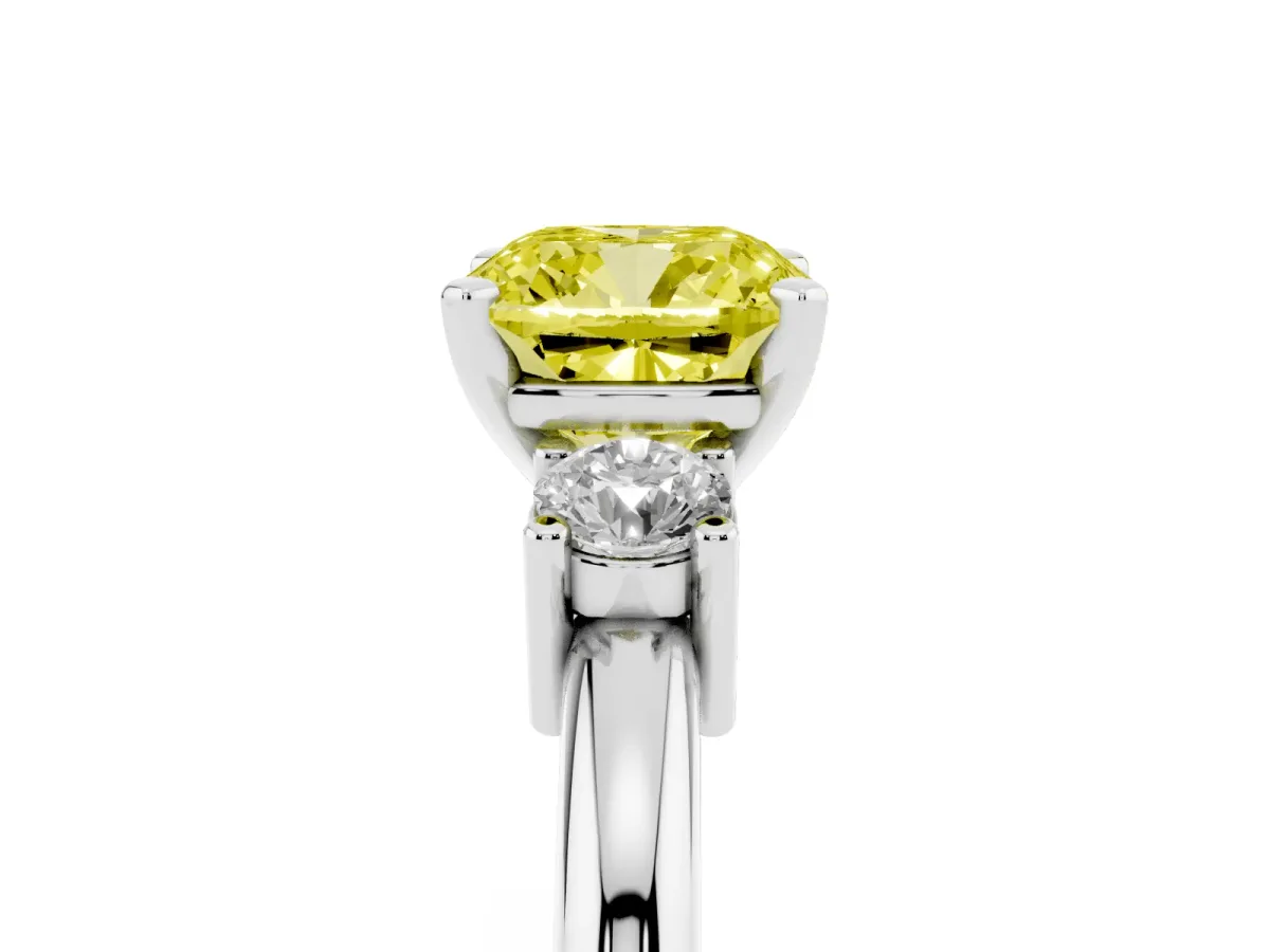 Fancy Yellow Three-Stone Cushion Cut Cut Diamond Solitaire with Prong Setting and Classic Band Platinum