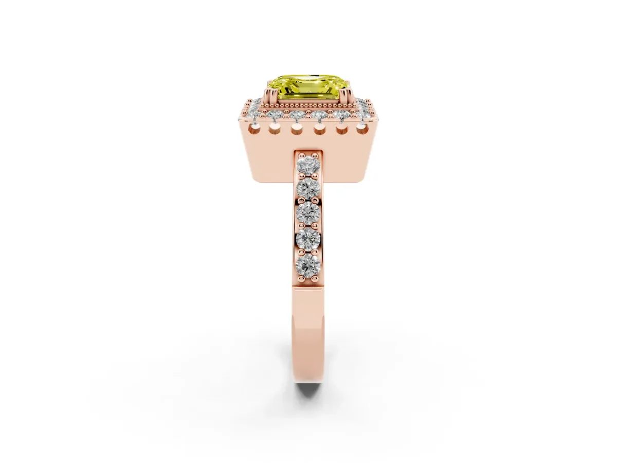 Fancy Yellow Asscher Cut Diamond Halo Ring with Pavé Band and Prong Setting Rose gold