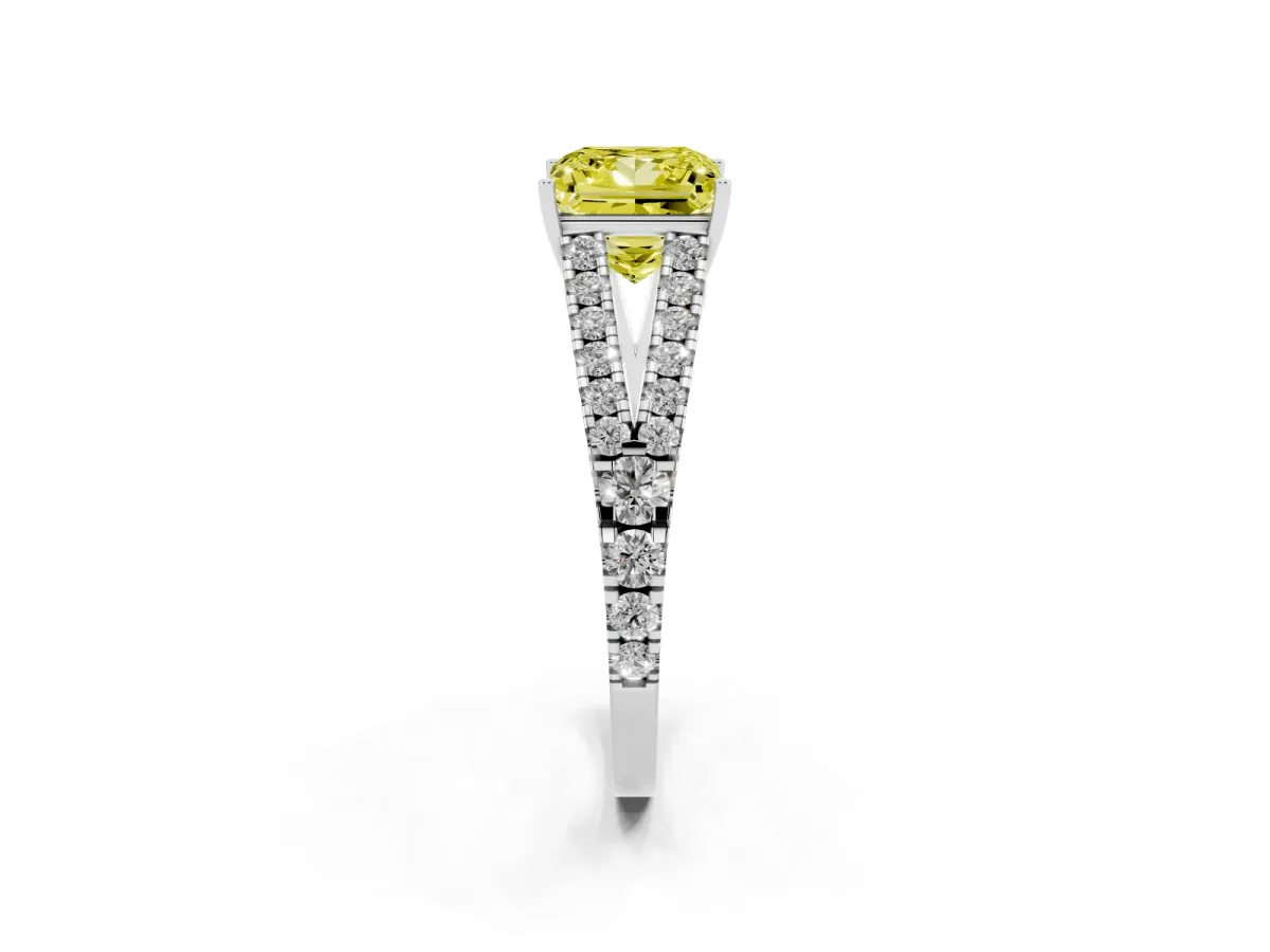 Fancy Yellow Princess Cut Diamond Split Shank Pavé Engagement Ring with Four-Prong Setting Platinum
