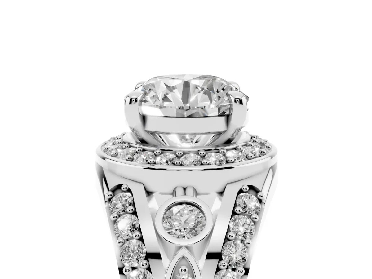 Round Cut Diamond Halo Ring with Split Shank and Bezel Accents and Four-Prong Setting Platinum