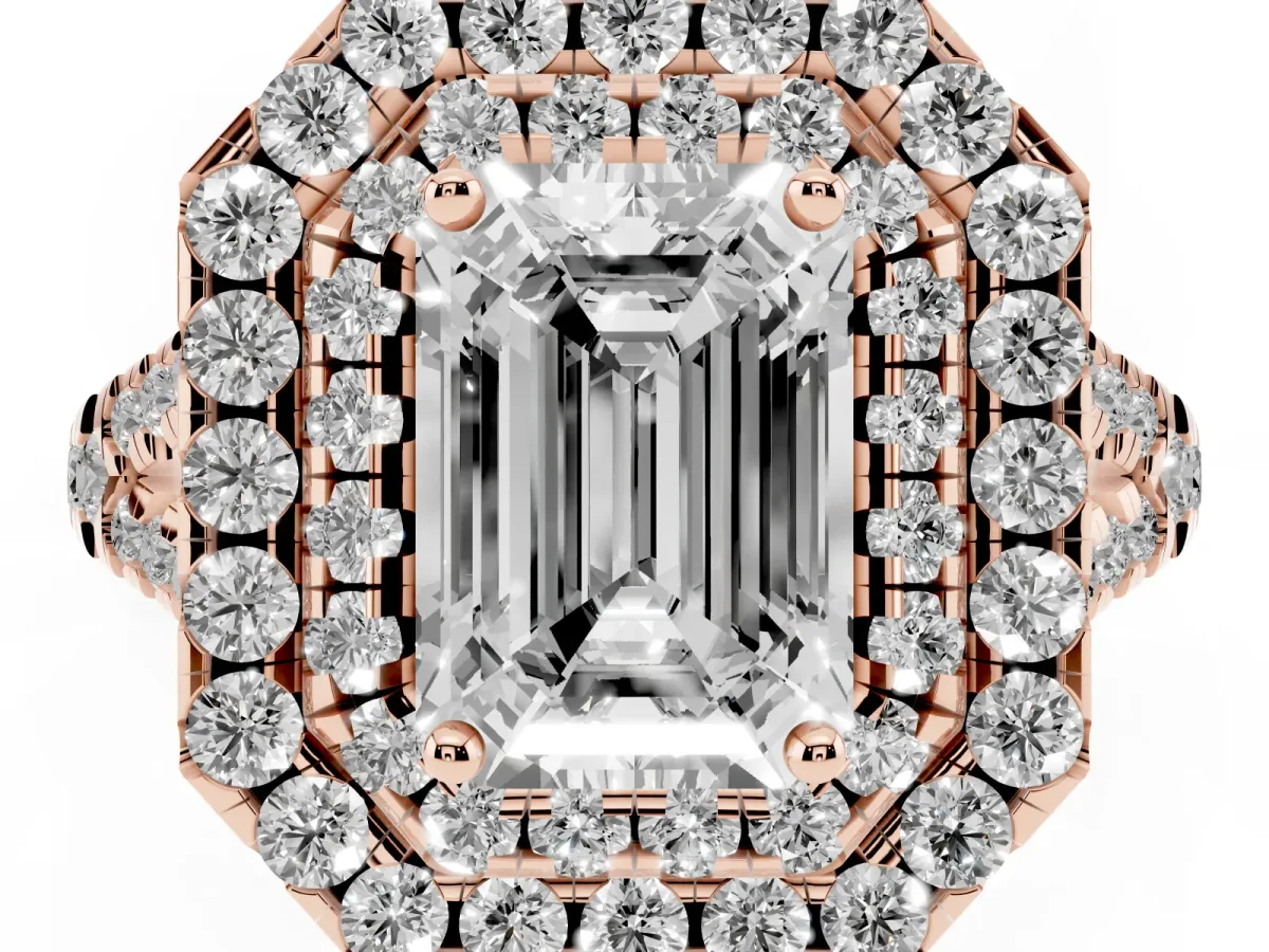 Double Halo Emerald Cut Diamond Pavé Split Shank Ring with Prong Setting Rose gold