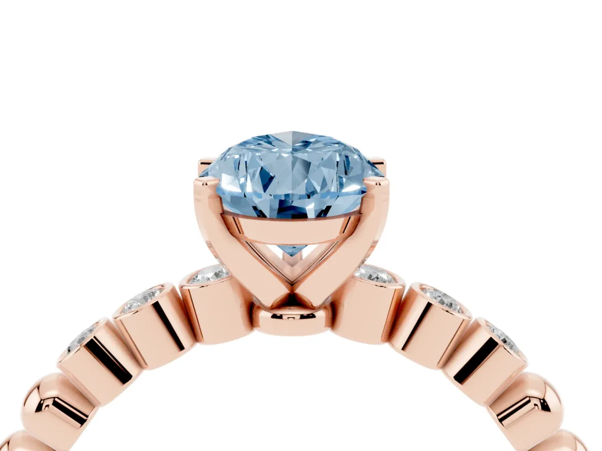 Fancy Blue Pear Cut Solitaire Bezel Accent Diamond Engagement Ring with Beaded Band and Four-Prong Setting Rose gold