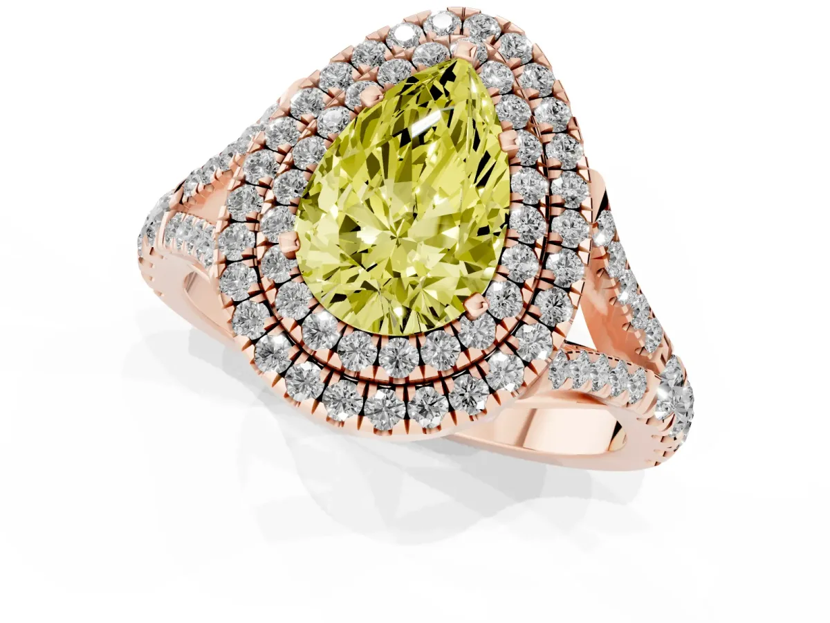Fancy Yellow Pear Cut Cut Double Halo Split Shank Diamond Ring with Prong Setting Rose gold