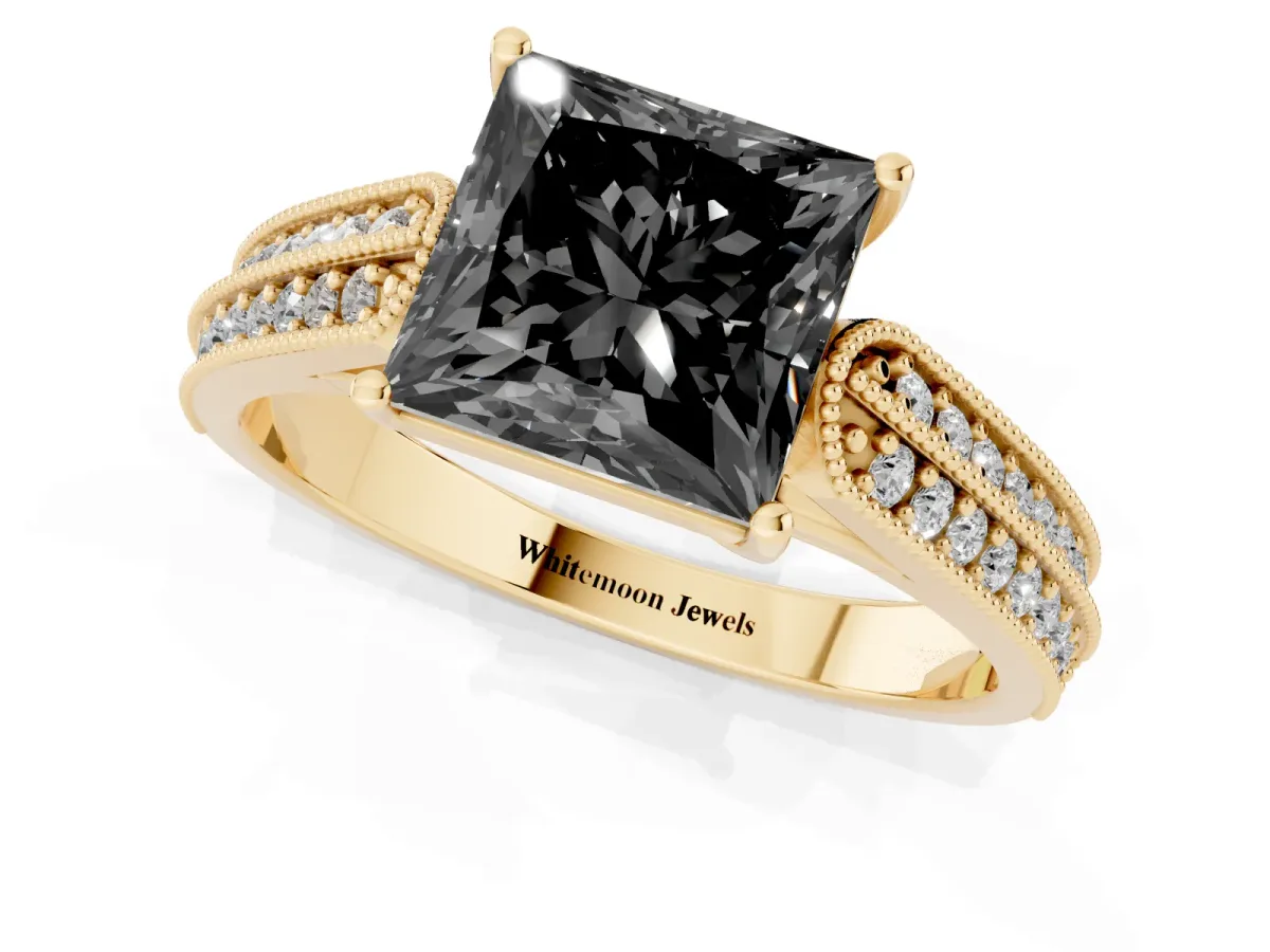 Fancy Black Princess Cut Cut Pave Split Shank Engagement Ring with Four-Prong Setting Yellow gold