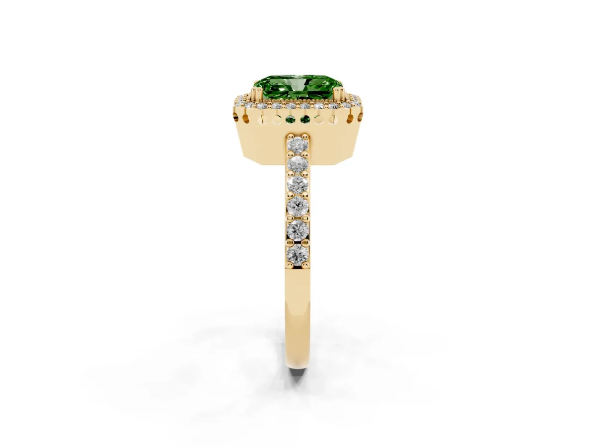 Fancy Green Radiant Cut Cut Diamond Halo Engagement Ring with Milgrain Detail and Pavé Band Yellow gold