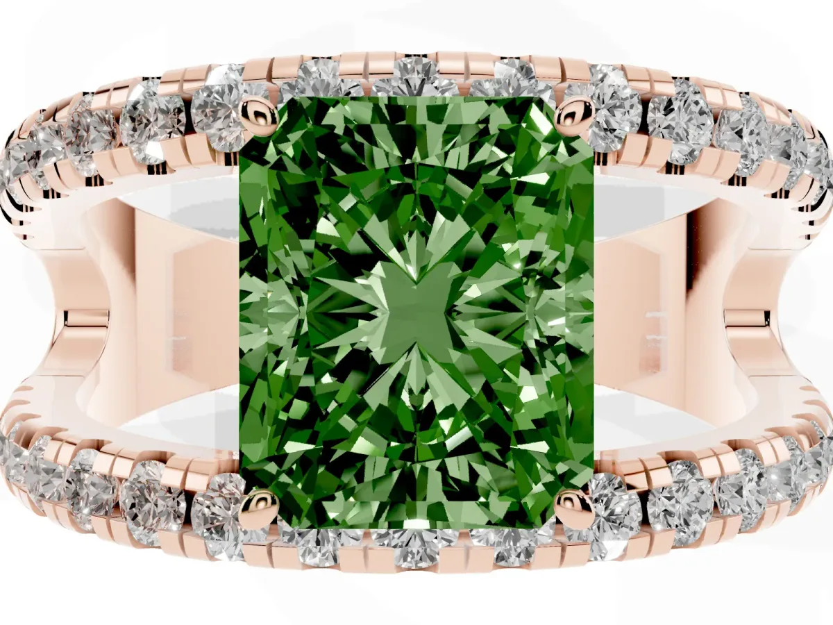 Fancy Green Radiant Cut Solitaire Split Shank Pave Diamond Ring Rose gold