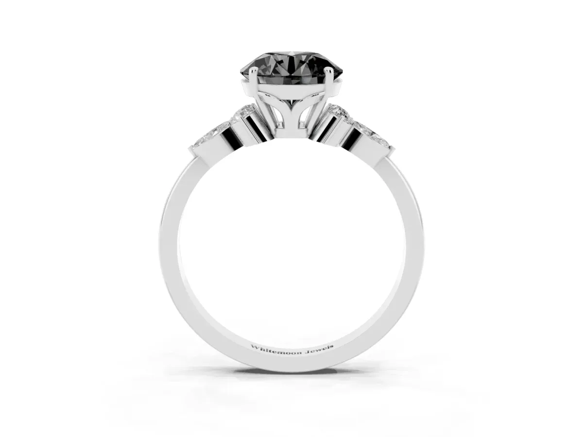 Fancy Black Round Cut Brilliant Diamond Solitaire Ring with Pear Side Stones and Four-Prong Setting Platinum