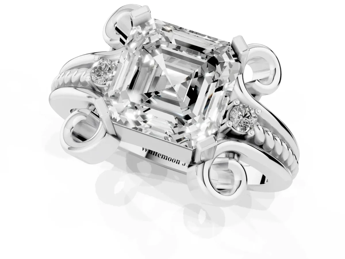 Asscher Cut Solitaire Twisted Band Scroll Prong Ring Silver