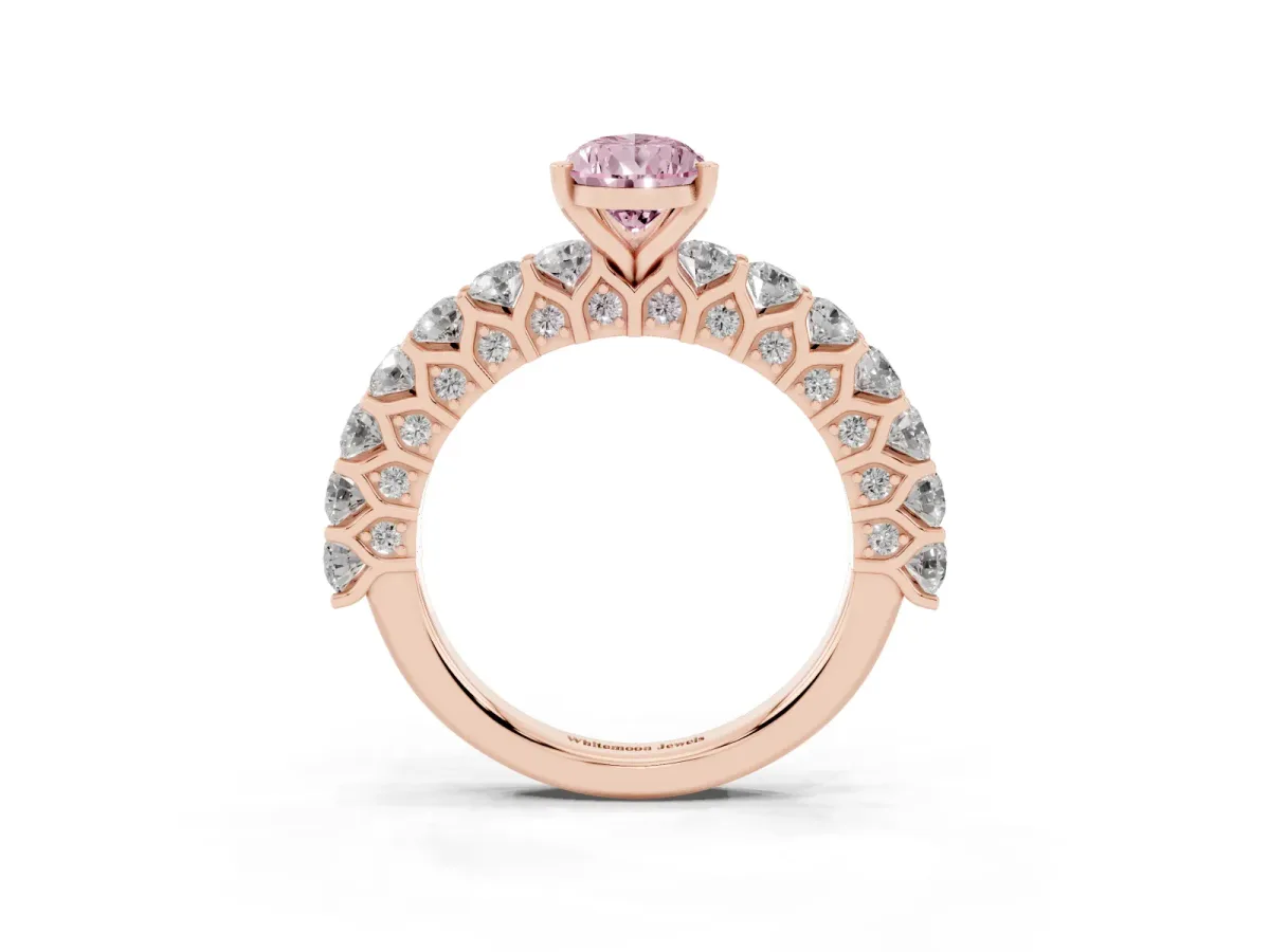 Fancy Pink Pear Cut Diamond Solitaire Ring with Shared Prong Pavé Band and Four-Prong Setting Rose gold