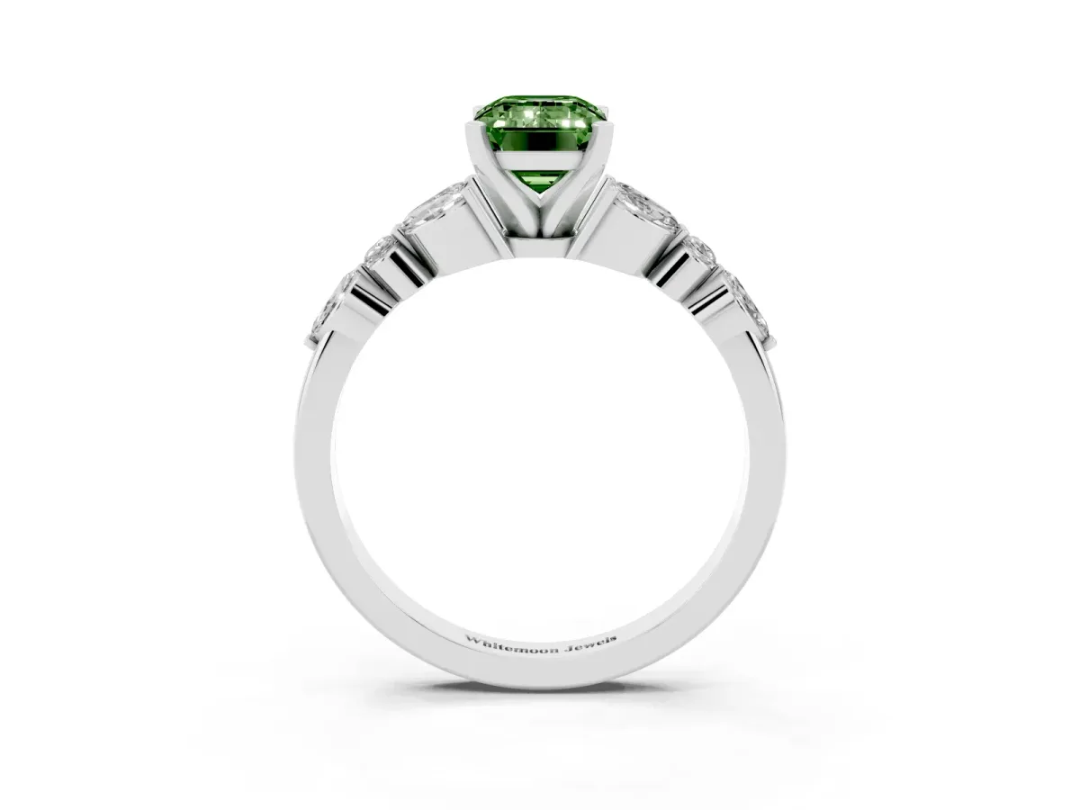 Fancy Green Emerald Cut Diamond Solitaire Ring with Side Stones and Four-Prong Setting Platinum
