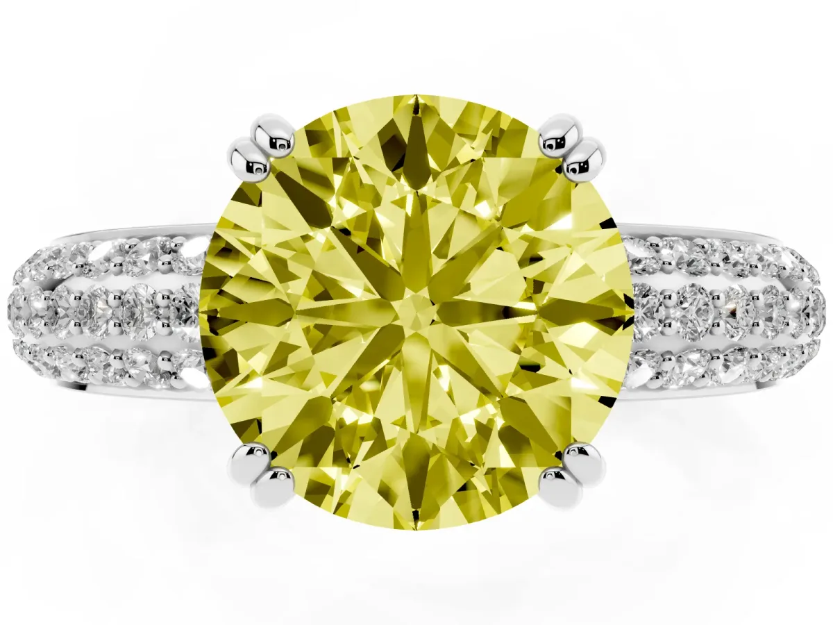 Fancy Yellow Round Cut Diamond Solitaire Ring with Multi-Row Round Pavé Band and Prong Setting Silver