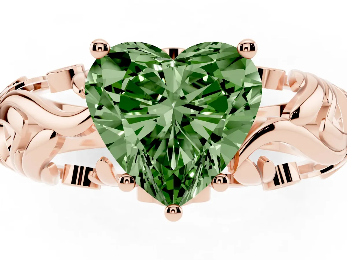 Fancy Green Heart Cut Solitaire Diamond Leaf-Inspired Vine Band Ring with Prong Setting Rose gold