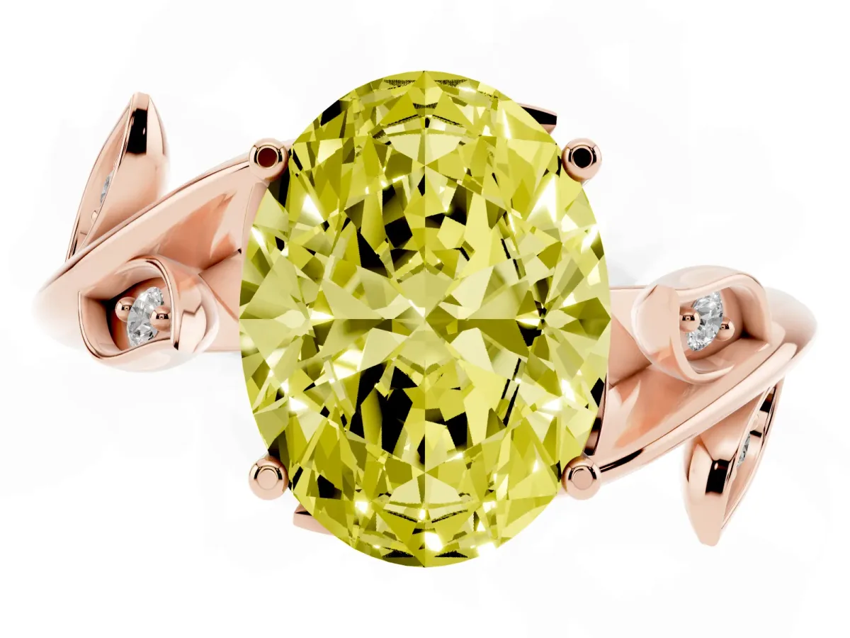 Fancy Yellow Oval Cut Solitaire Twist Engagement Ring with Leaf Accents and Prong Setting Rose gold