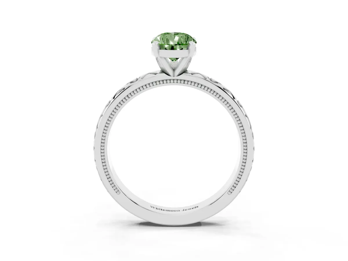Fancy Green Pear Cut Solitaire Diamond Engagement Ring with XO Engraved Band and Four-Prong Setting Platinum