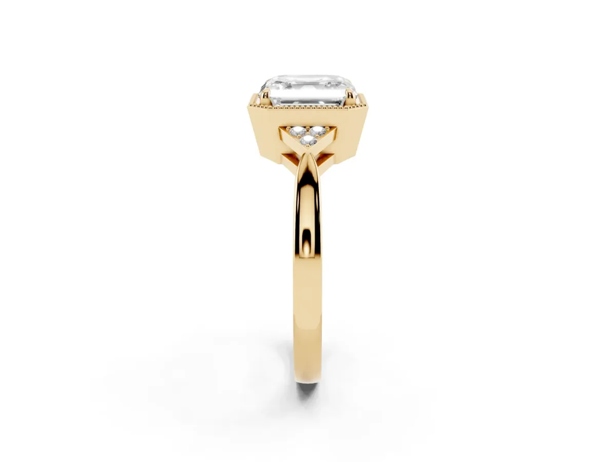 Hexagonal Halo Asscher Cut Diamond Solitaire with Pavé Band and Four-Prong Setting Yellow gold