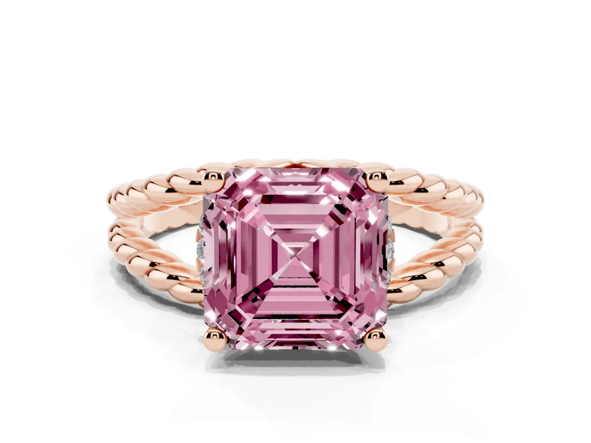 Fancy Pink Asscher Cut Halo Twisted Band Four-Prong Ring Rose gold