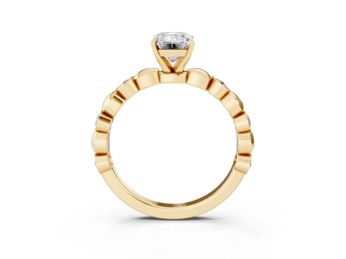 Emerald Cut Solitaire Bezel-Set Diamond Ring with Beaded Band and Four-Prong Setting Yellow gold