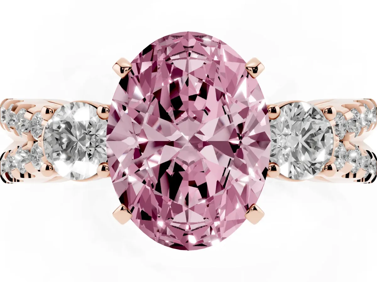 Fancy Pink Oval Cut Diamond Three-Stone Ring with Pavé Split Shank and Four-Prong Setting Rose gold