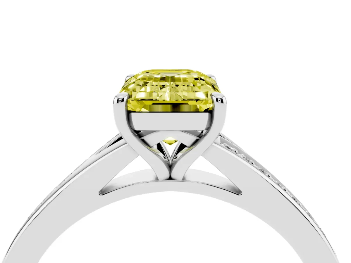 Fancy Yellow Emerald Cut Diamond Solitaire Ring with Pavé Band and Prong Setting Silver