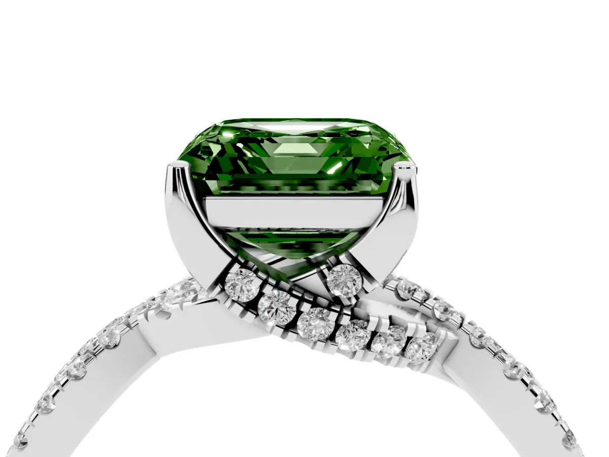 Fancy Green Asscher Cut Solitaire Twist Pave Diamond Engagement Ring with Prong Setting Silver