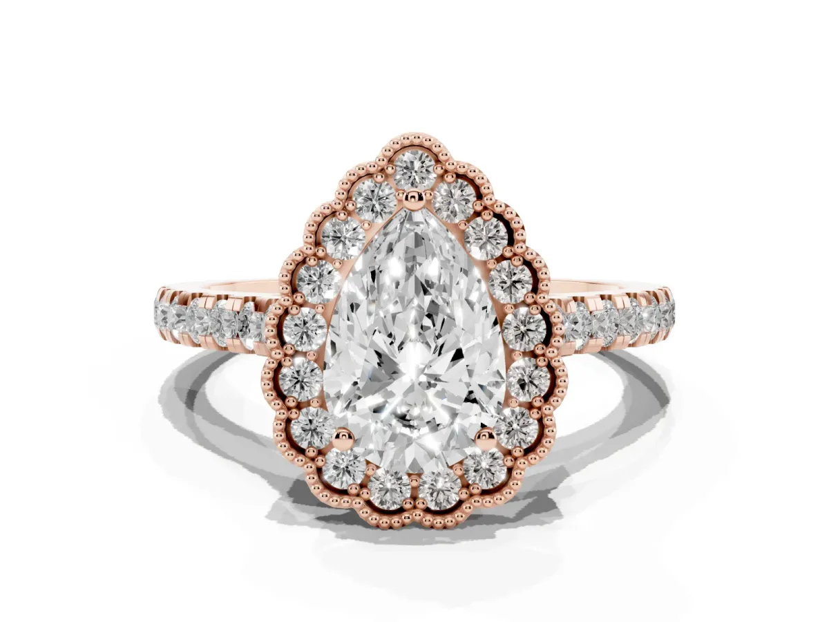 Pear Cut Cut Diamond Milgrain Floral Halo Engagement Ring with Pavé Band Rose gold