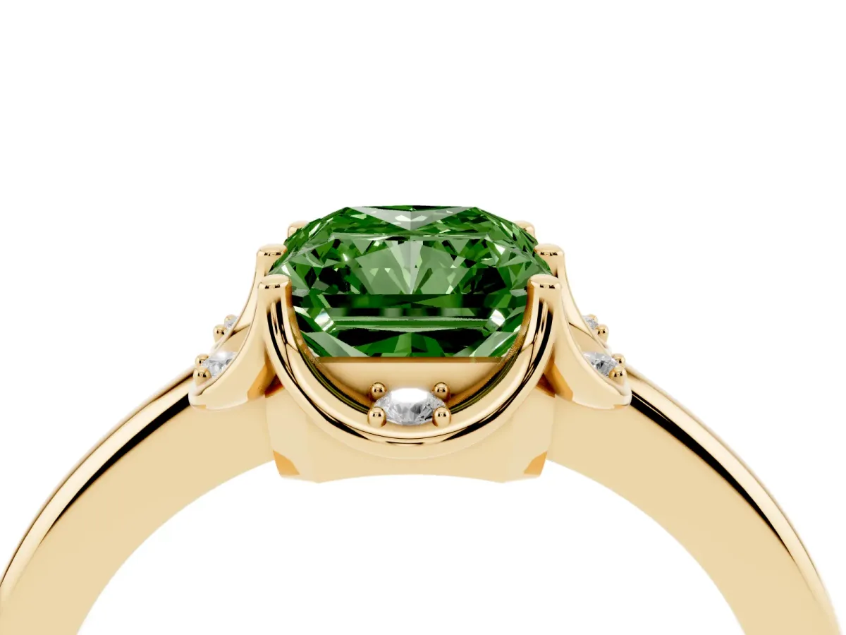 Fancy Green Radiant Cut Halo Diamond Ring with Round Cluster Setting, Solitaire Band, and Four-Prong Setting Yellow gold
