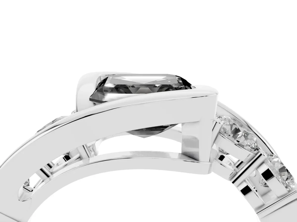 Fancy Black Bezel Set Asscher Cut Diamond Bypass Ring with Round Accents Silver
