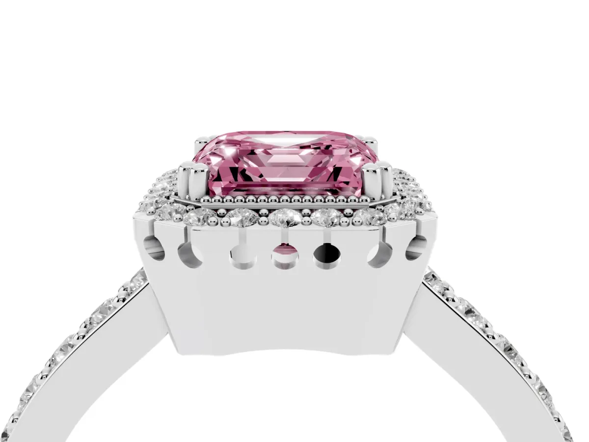 Fancy Pink Asscher Cut Cut Diamond Halo Engagement Ring with Milgrain Detail and Pavé Band Silver