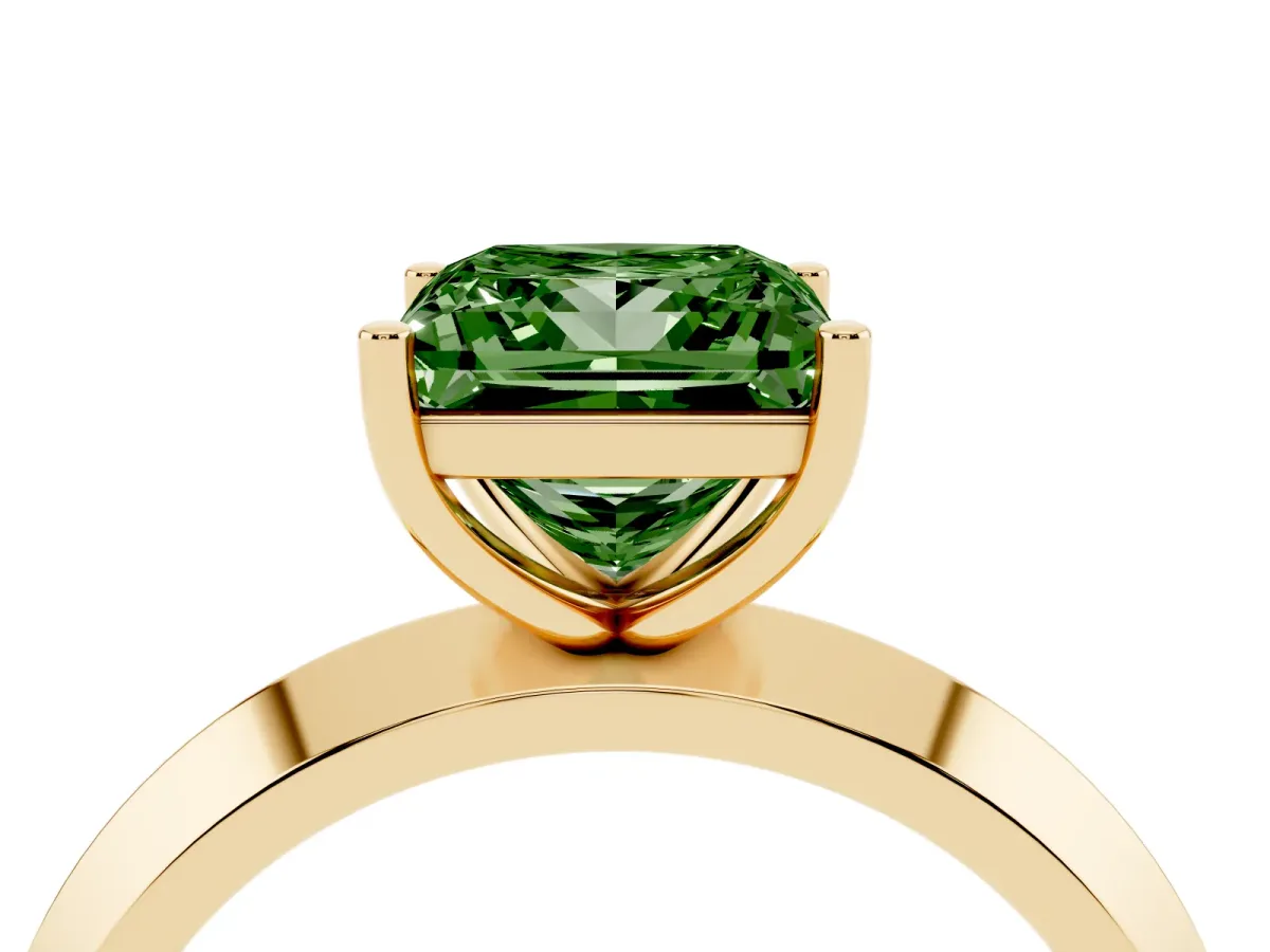 Fancy Green Princess Cut Cut Solitaire Engagement Ring with Flat Band and Four-Prong Setting Yellow gold