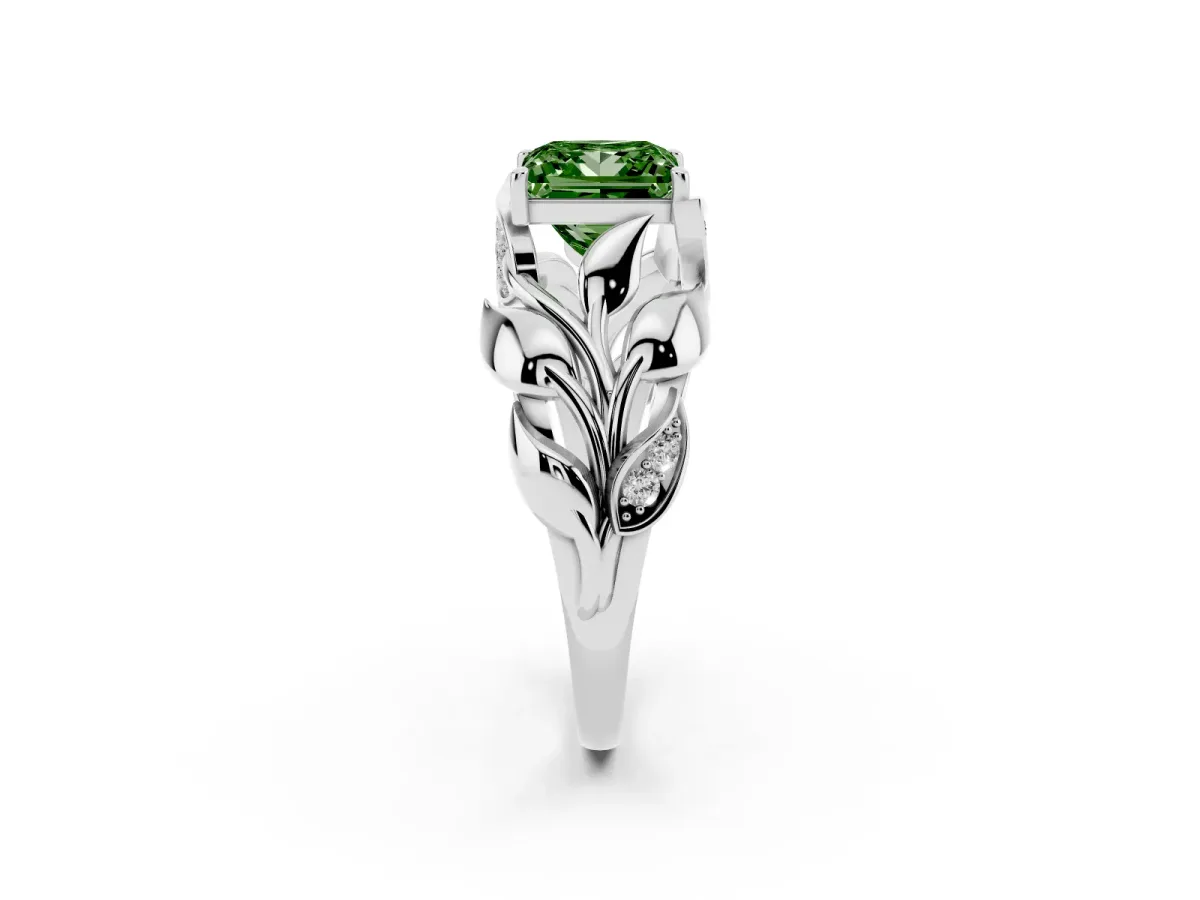 Fancy Green Princess Cut Diamond Leaf-Inspired Engagement Ring with Round Accents and Prong Setting White gold