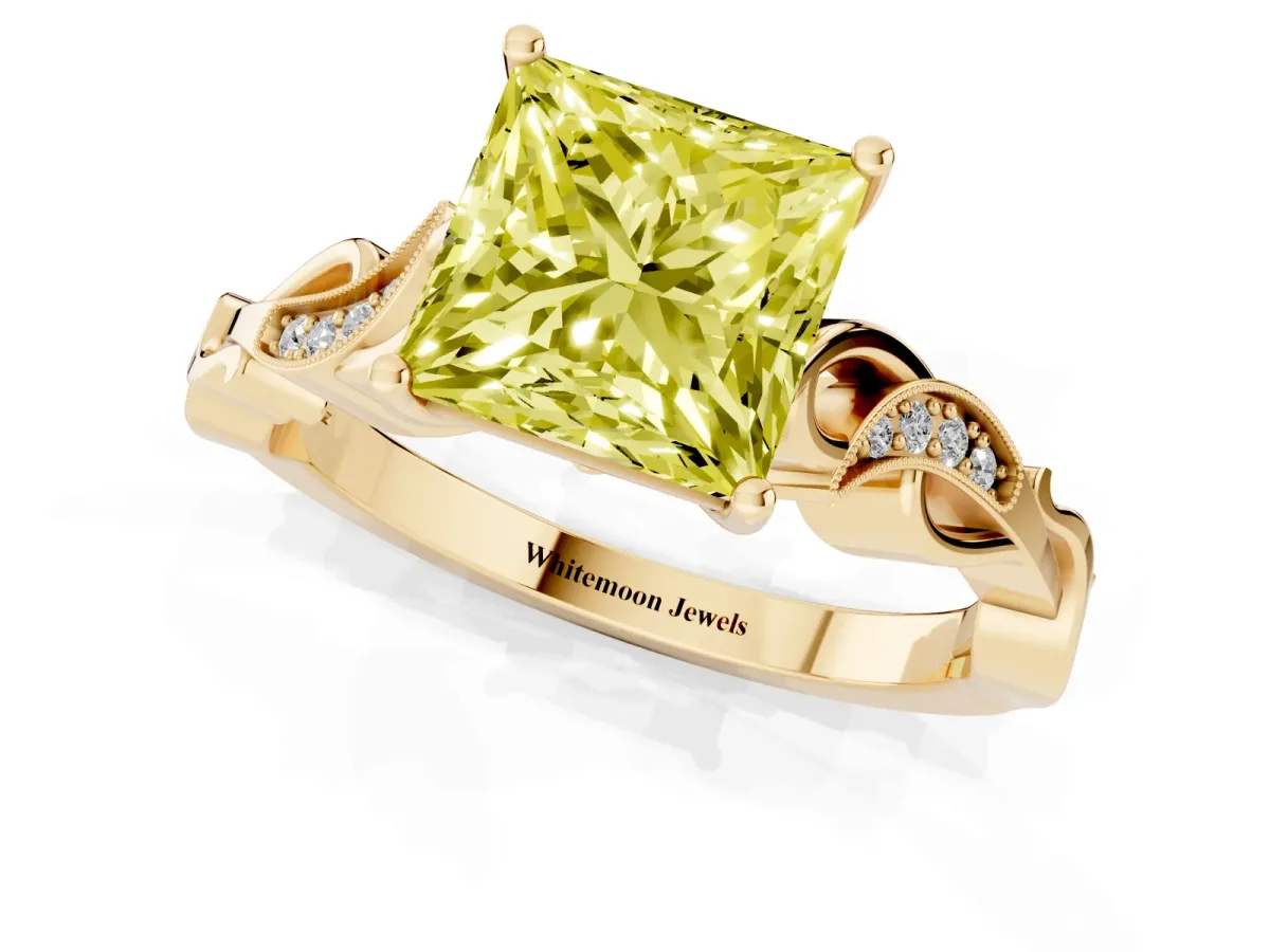 Fancy Yellow Princess Cut Solitaire Vine Band with Milgrain Prong Setting Yellow gold