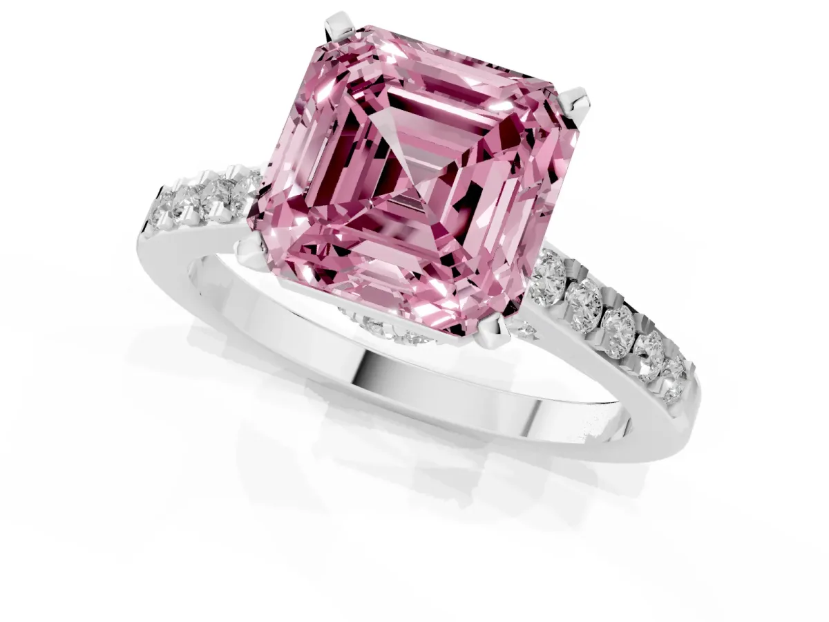 Fancy Pink Asscher Cut Diamond Solitaire Ring with Crossover Gallery and Round Pavé Band Platinum