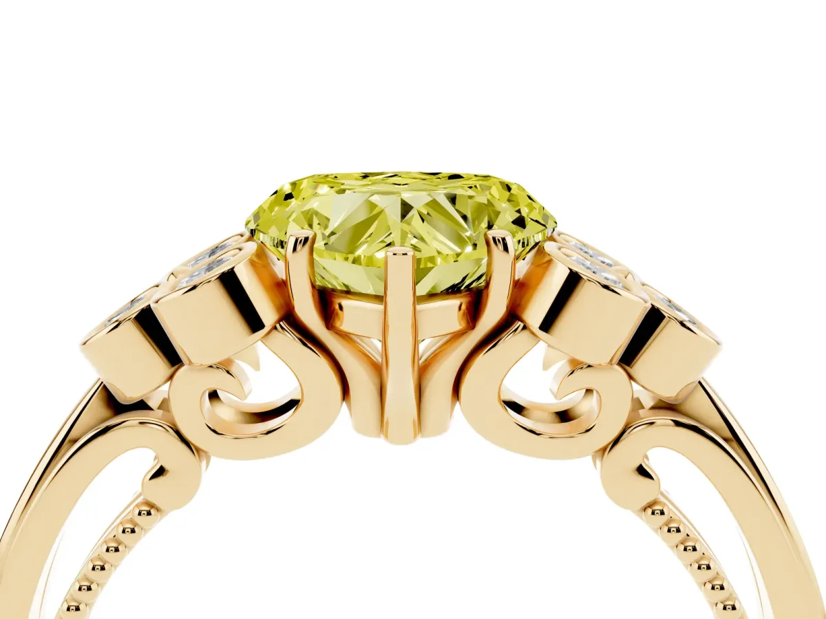 Fancy Yellow Heart Cut Cut Diamond Engagement Ring with Bezel Set Round Side Stones and Prong Setting Yellow gold