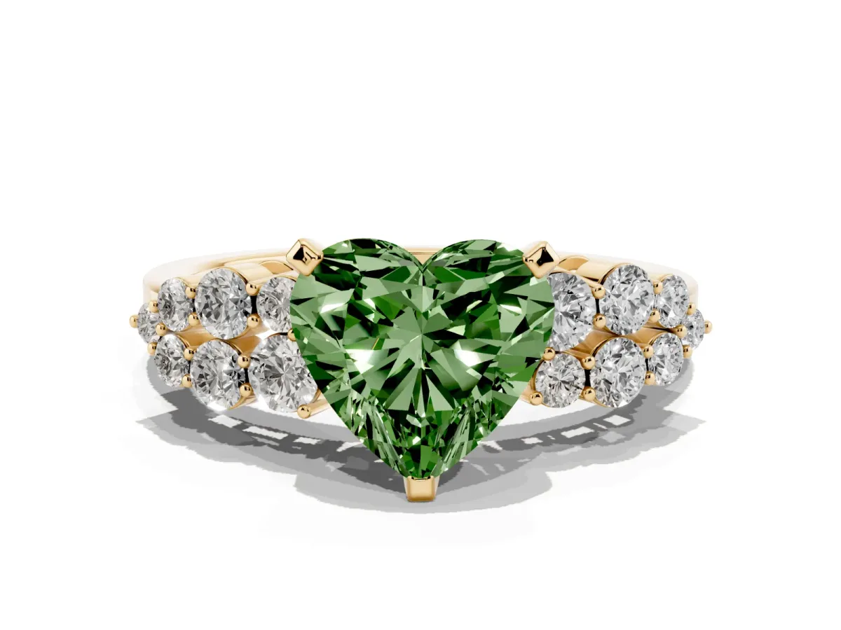 Fancy Green Heart Cut Cluster Diamond Engagement Ring with Pavé Band and Four-Prong Setting Yellow gold
