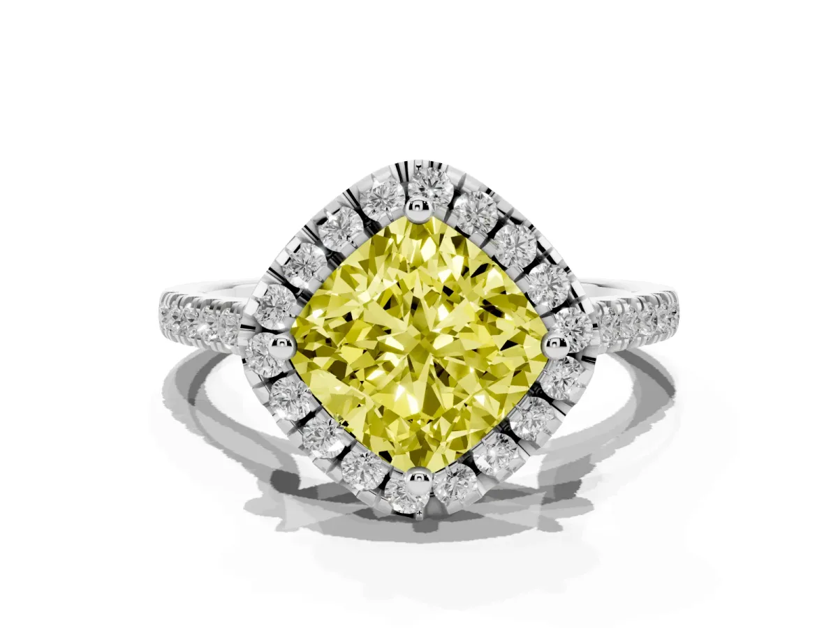 Fancy Yellow Cushion Cut Diamond Cushion Halo Ring with Pavé Band Silver